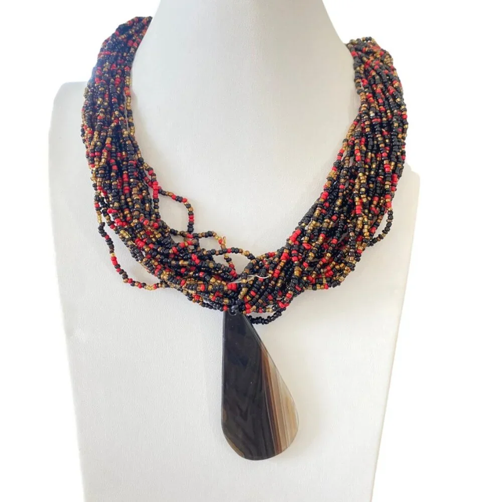 seed multistrand necklace red black large agate slab pendant statement
